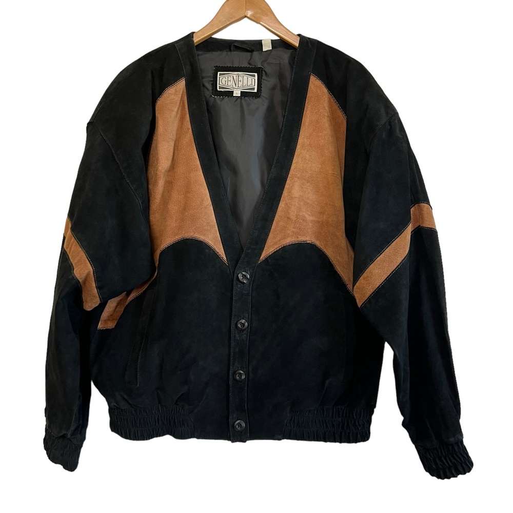 Genelli Men’s Suede Leather 80s Cardigan Style Jacket Black Brown Western Large